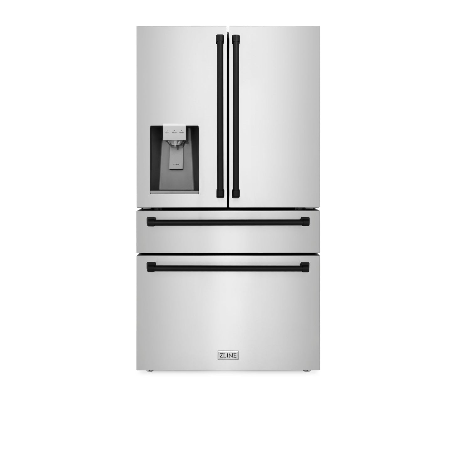 ZLINE 36" Autograph Edition 21.6 cu. ft Freestanding French Door Refrigerator With Water and Ice Dispenser in Fingerprint Resistant Stainless Steel With Matte Black Accents