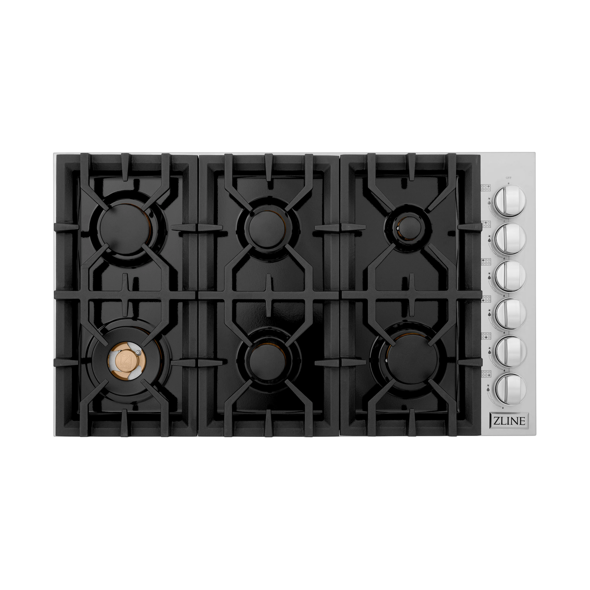 ZLINE 36" Gas Dropin Cooktop With 6 Brass Burners and Black Porcelain Top