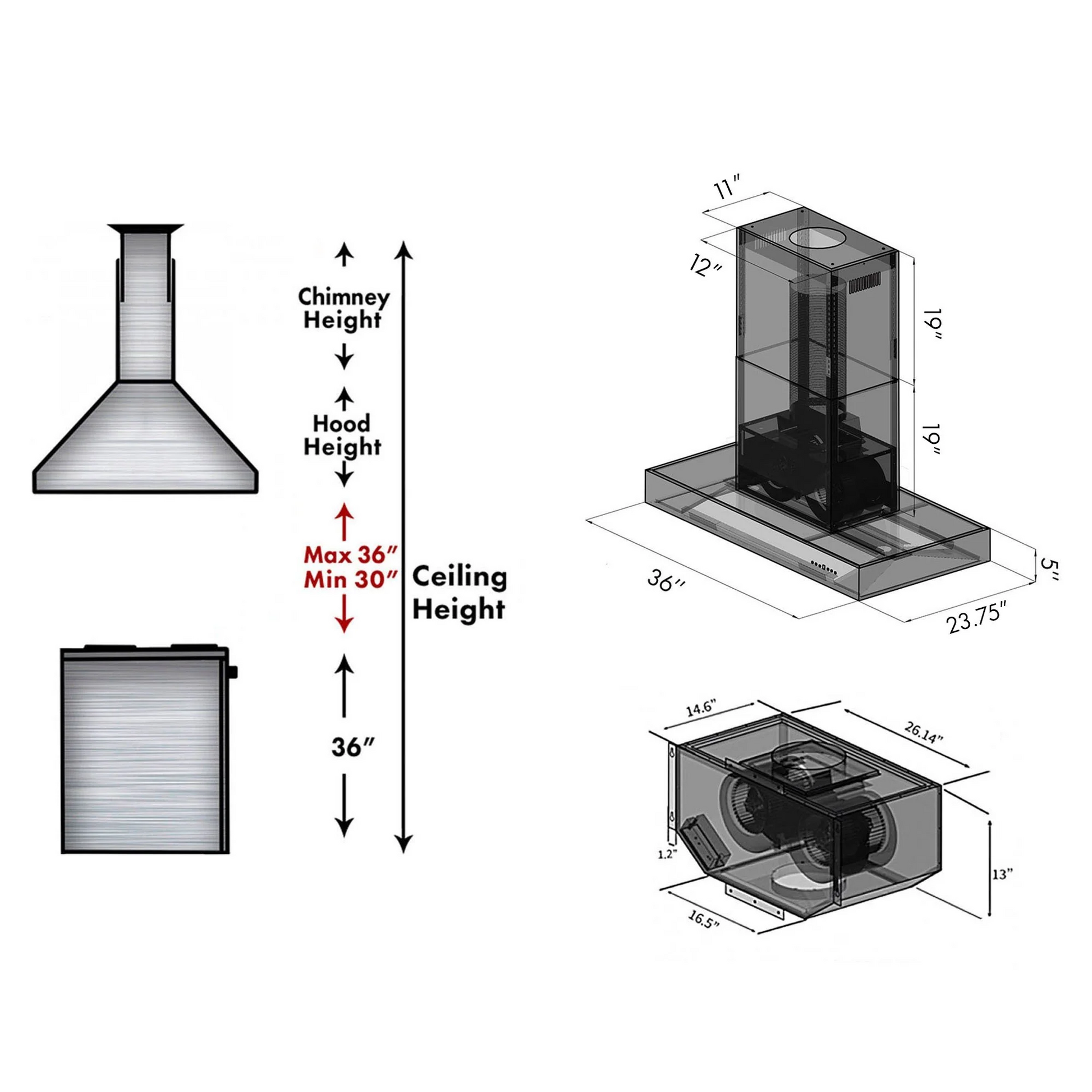 ZLINE 36" Stainless Steel Remote Blower Island Mount Range Hood