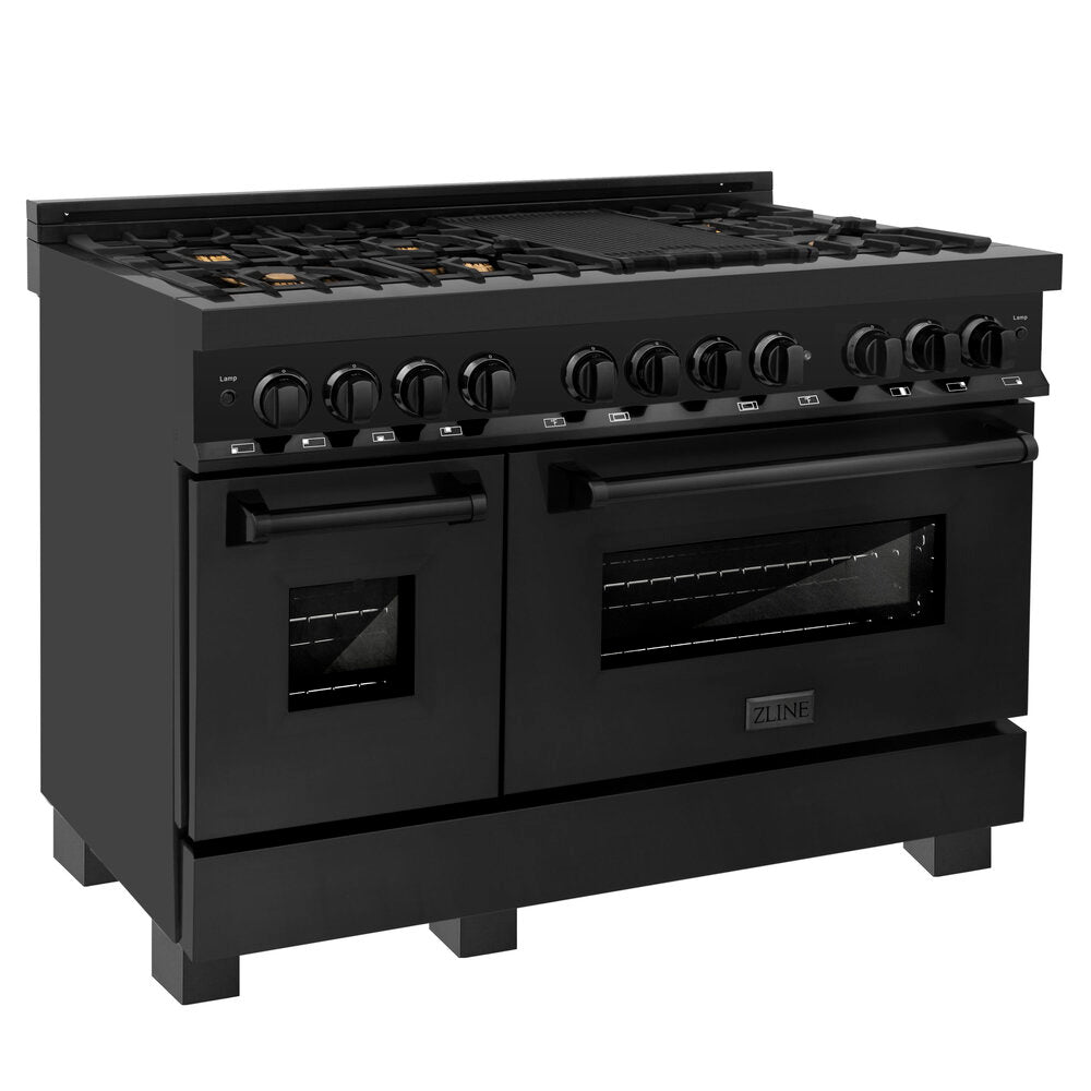 ZLINE 48" Black Stainless Dual Fuel Range With 7 Brass Burners and 6.0 cu.ft. Electric Oven