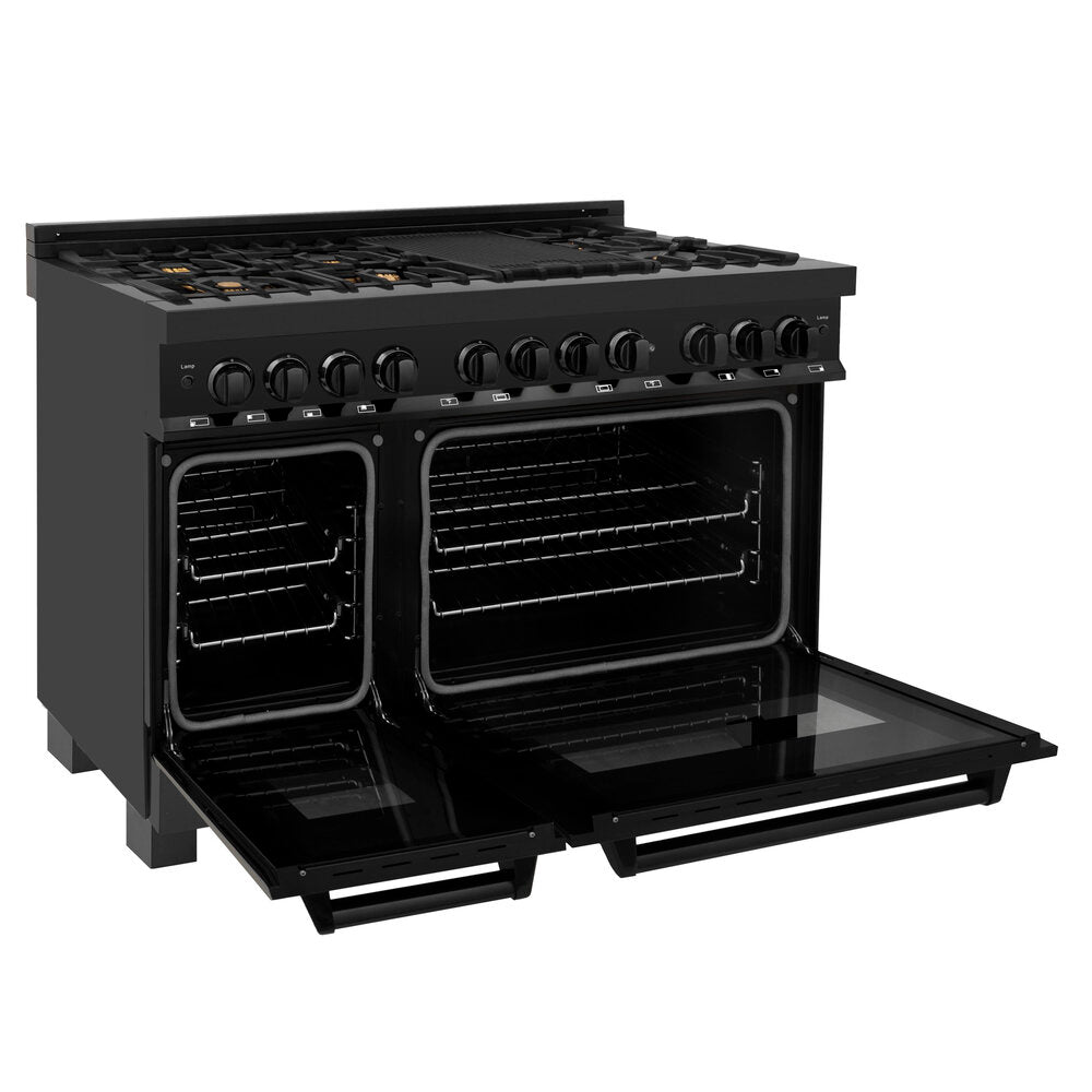 ZLINE 48" Black Stainless Dual Fuel Range With 7 Brass Burners and 6.0 cu.ft. Electric Oven