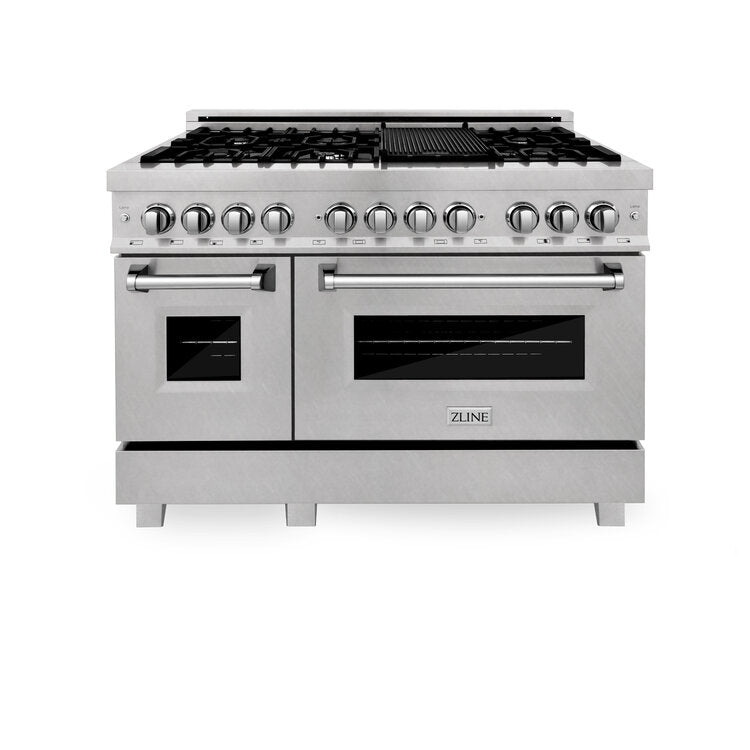 ZLINE 48" DuraSnow Stainless Steel 7 Burner Dual Fuel Range With Black Matte Door and 6 cu.ft. Electric Oven