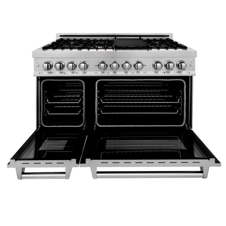 ZLINE 48" DuraSnow Stainless Steel 7 Burner Dual Fuel Range With Black Matte Door and 6 cu.ft. Electric Oven