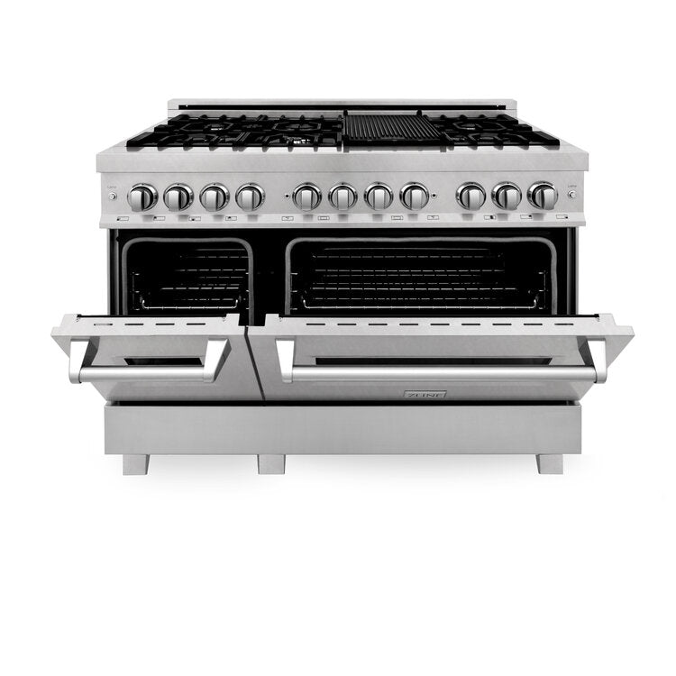 ZLINE 48" DuraSnow Stainless Steel 7 Burner Dual Fuel Range With Black Matte Door and 6 cu.ft. Electric Oven