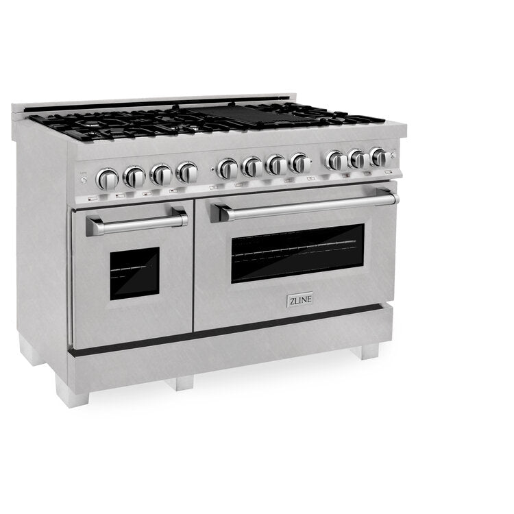 ZLINE 48" DuraSnow Stainless Steel 7 Burner Dual Fuel Range With Black Matte Door and 6 cu.ft. Electric Oven