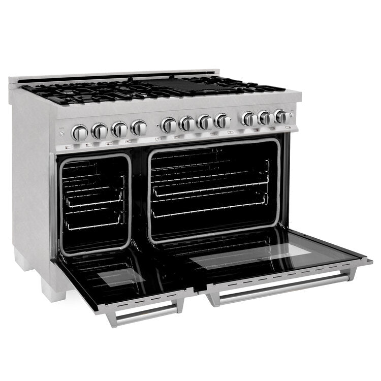 ZLINE 48" DuraSnow Stainless Steel 7 Burner Dual Fuel Range With Black Matte Door and 6 cu.ft. Electric Oven