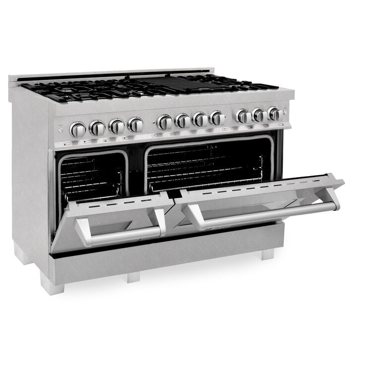 ZLINE 48" DuraSnow Stainless Steel 7 Burner Dual Fuel Range With Black Matte Door and 6 cu.ft. Electric Oven