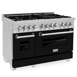 ZLINE 48" DuraSnow Stainless Steel 7 Burner Dual Fuel Range With Black Matte Door and 6 cu.ft. Electric Oven