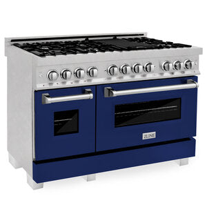 ZLINE 48" Professional 7 Burner Dual Fuel Range in DuraSnow Stainless Steel With Blue Gloss Door and 4.6 cu.ft. Electric Oven