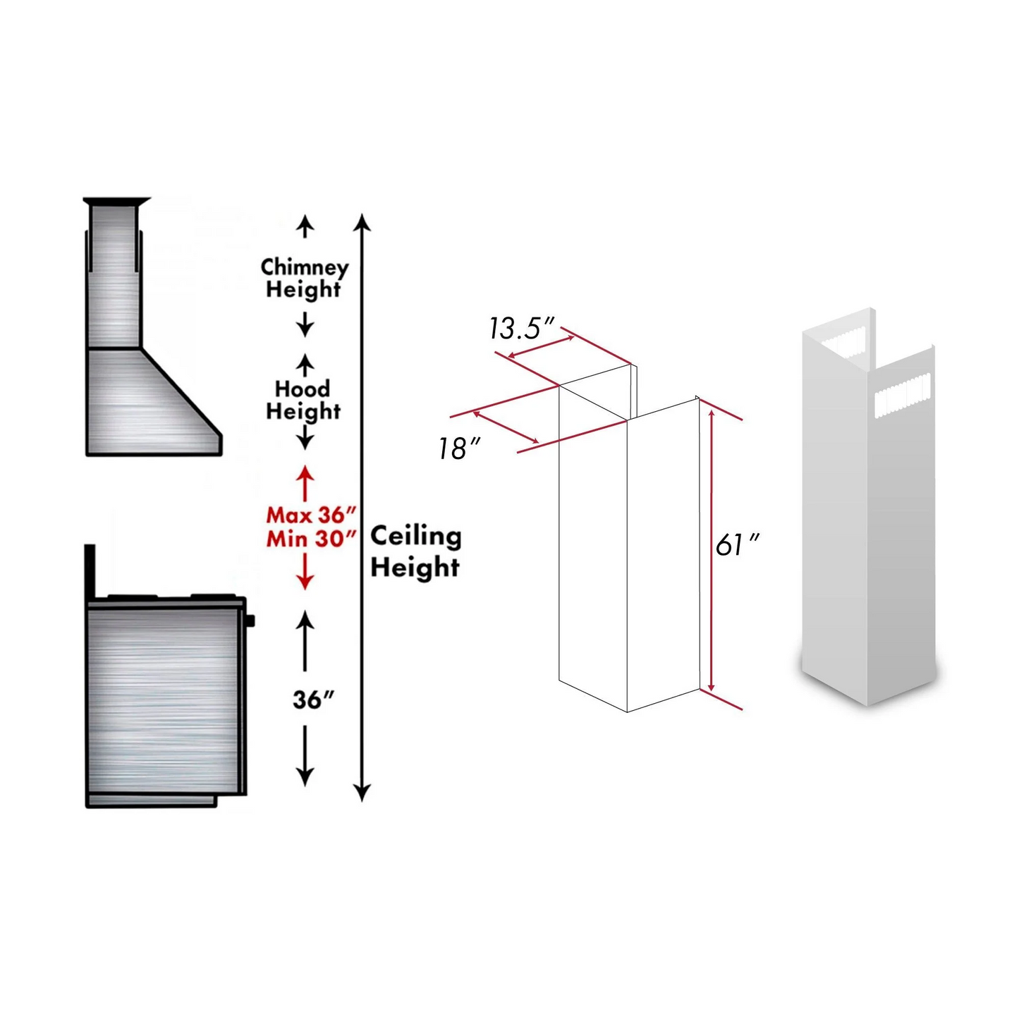 ZLINE 61" DuraSnow Stainless Steel Chimney Extension for Ceilings up to 12.5 ft. (8687S-E)