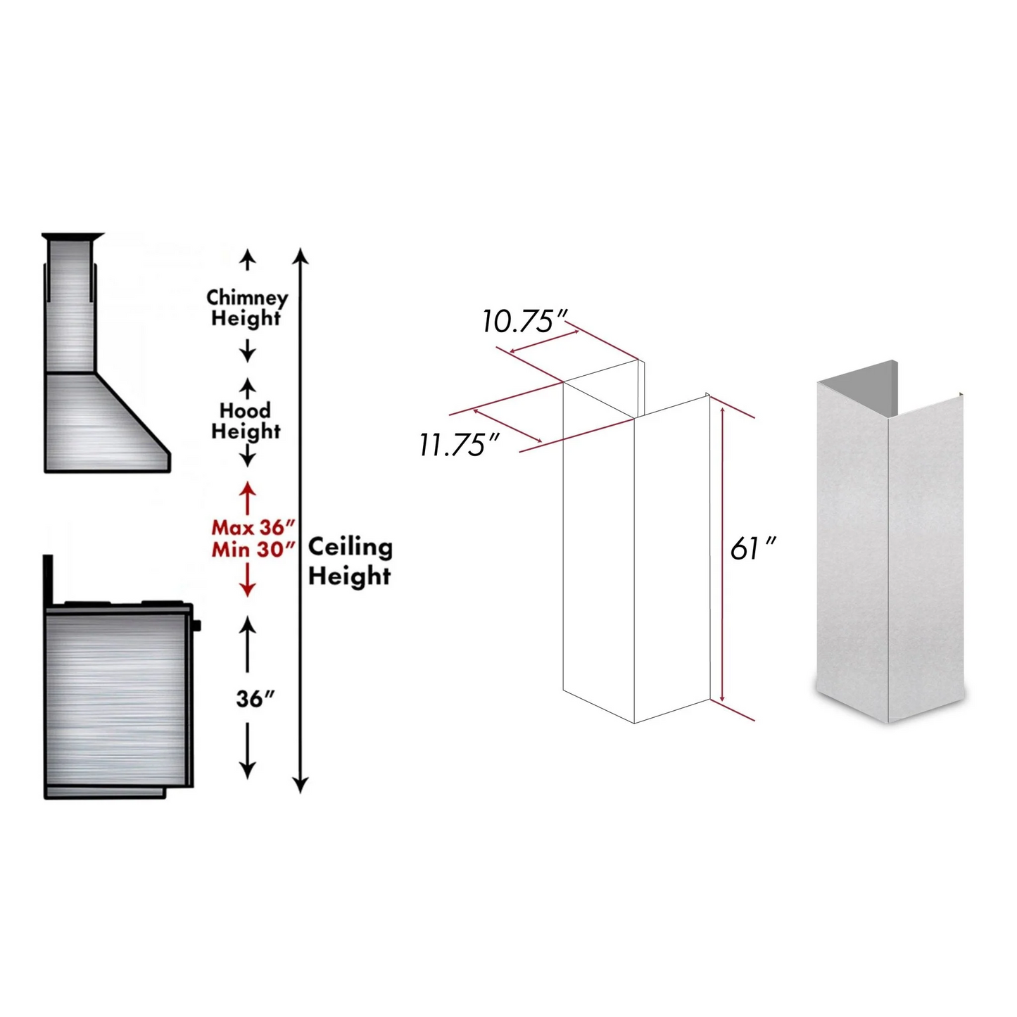 ZLINE 61" DuraSnow Stainless Steel Chimney Extension for Ceilings up to 12.5 ft. (8KES-E)