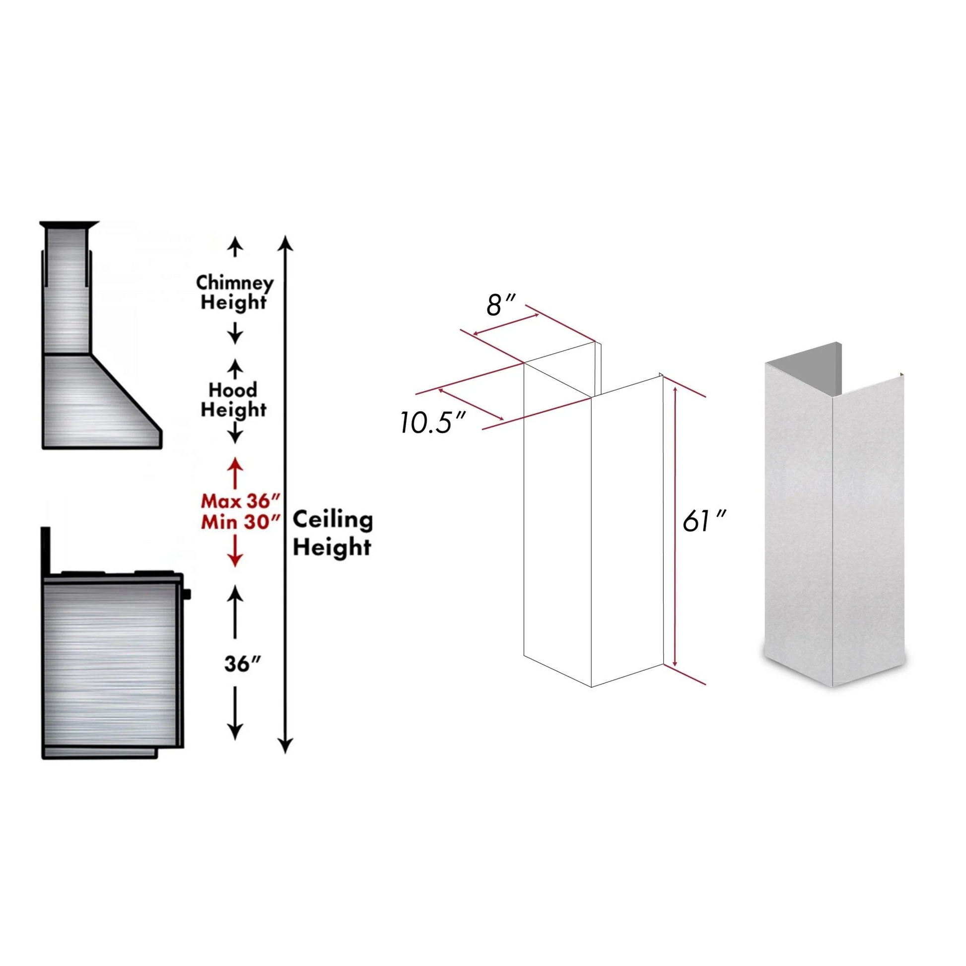 ZLINE 61" DuraSnow Stainless Steel Chimney Extension for Ceilings up to 12.5 ft. (8KF2S-E)