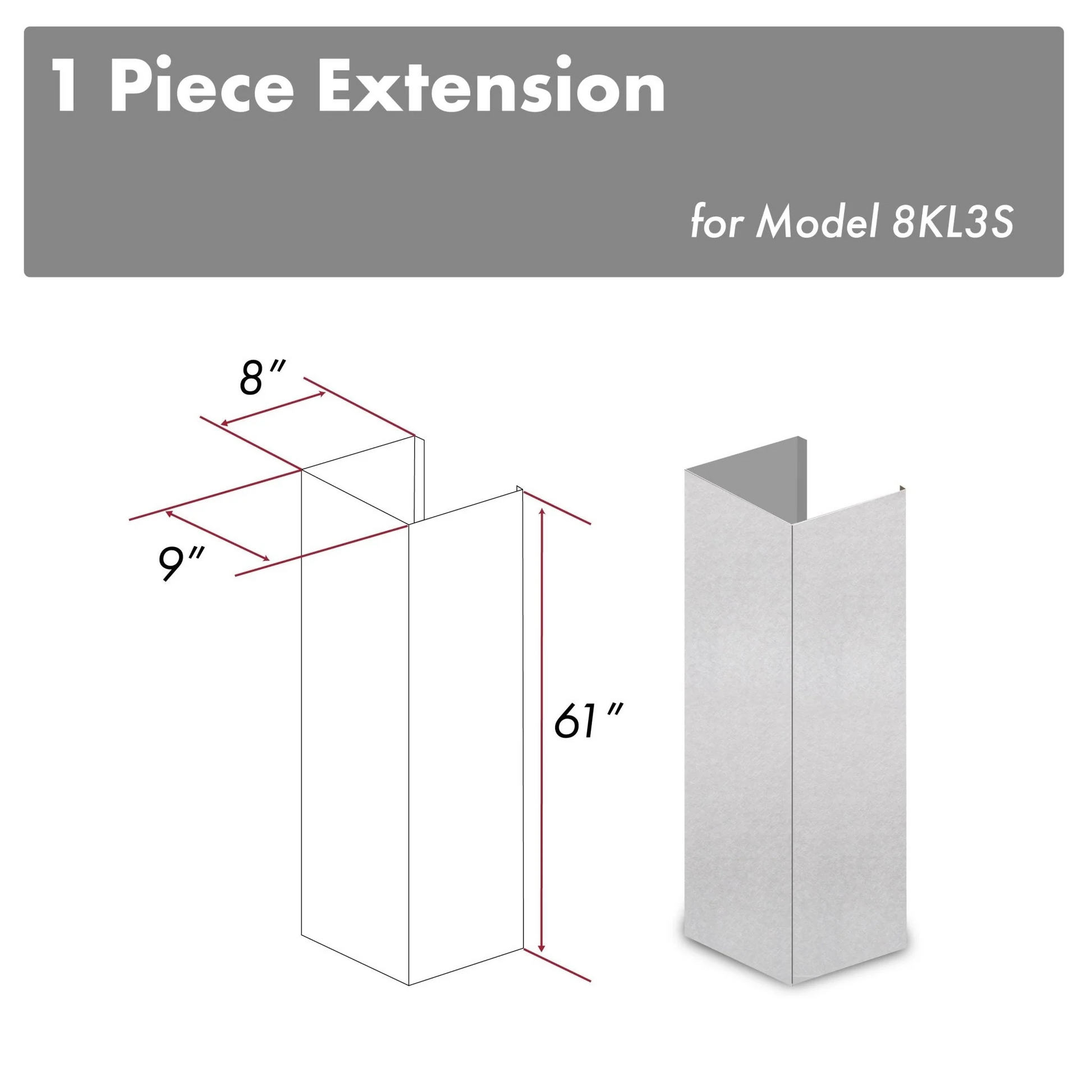 ZLINE 61" DuraSnow Stainless Steel Chimney Extension for Ceilings up to 12.5 ft. (8KL3S-E)