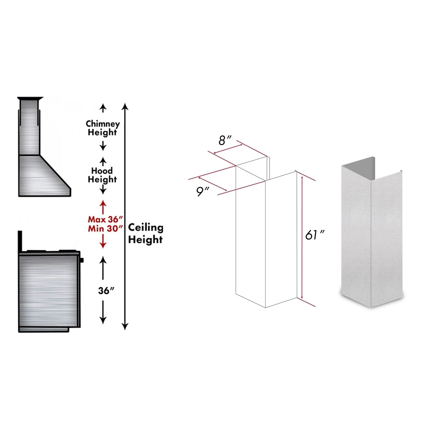 ZLINE 61" DuraSnow Stainless Steel Chimney Extension for Ceilings up to 12.5 ft. (8KL3S-E)