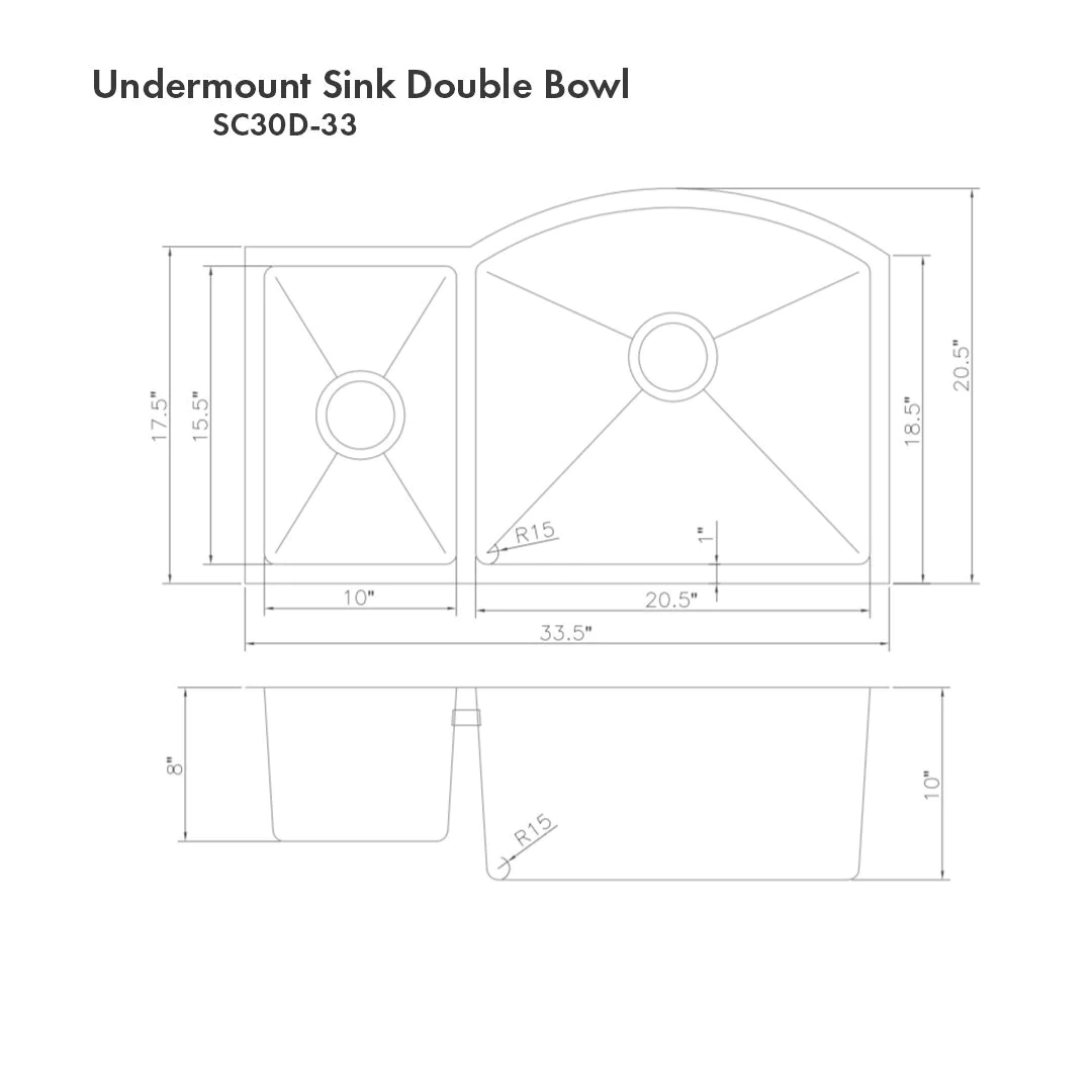 ZLINE Aspen 33" Undermount Double Bowl Sink in Stainless Steel