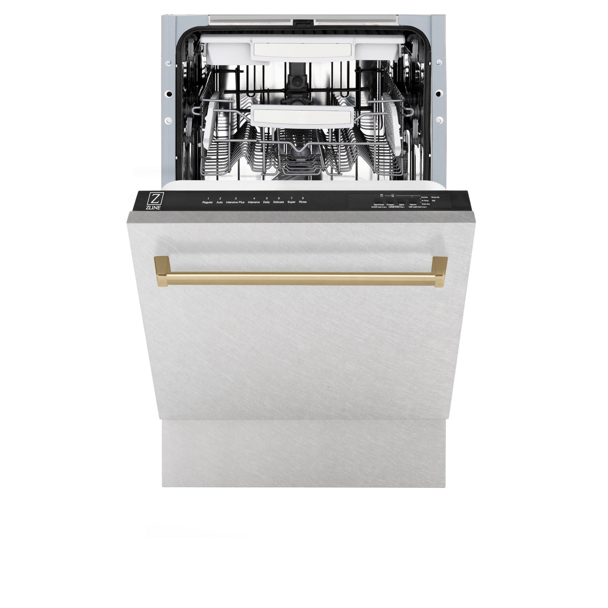 ZLINE Autograph Edition 18" DuraSnow Stainless Compact 3rd Rack Top Control Dishwasher Steel With Champagne Bronze Handle