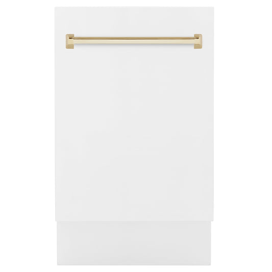 ZLINE Autograph Edition 18" White Matte Compact 3rd Rack Top Control Dishwasher With Gold Handle