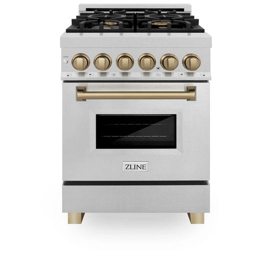 ZLINE Autograph Edition 24" 2.8 cu. ft. Dual Fuel Range With Gas Stove and Electric Oven in DuraSnow Stainless Steel With Champagne Bronze Accents