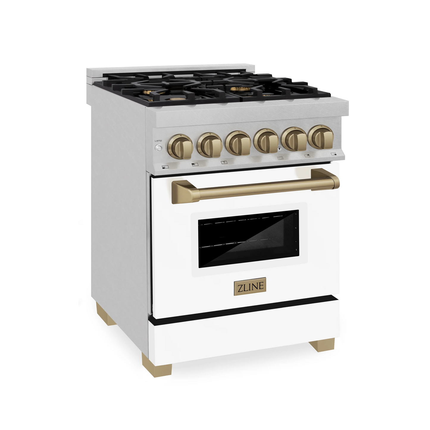 ZLINE Autograph Edition 24" 2.8 cu. ft. Dual Fuel Range With Gas Stove and Electric Oven in DuraSnow Stainless Steel With White Matte Door and Champagne Bronze Accents