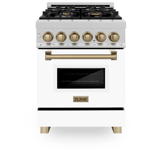 ZLINE Autograph Edition 24" 2.8 cu. ft. Dual Fuel Range With Gas Stove and Electric Oven in DuraSnow Stainless Steel With White Matte Door and Champagne Bronze Accents