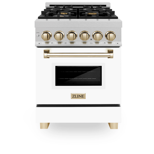 ZLINE Autograph Edition 24" 2.8 cu. ft. Dual Fuel Range With Gas Stove and Electric Oven in DuraSnow Stainless Steel With White Matte Door and Gold Accents