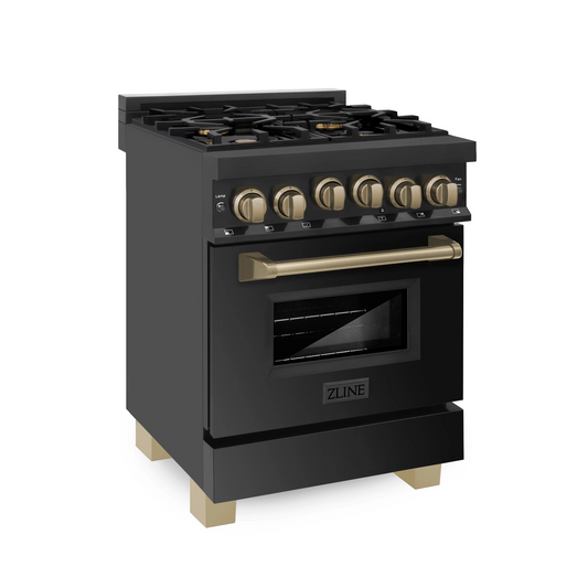 ZLINE Autograph Edition 24" 2.8 cu. ft. Range With Gas Stove and Gas Oven in Black Stainless Steel With Champagne Bronze Accents