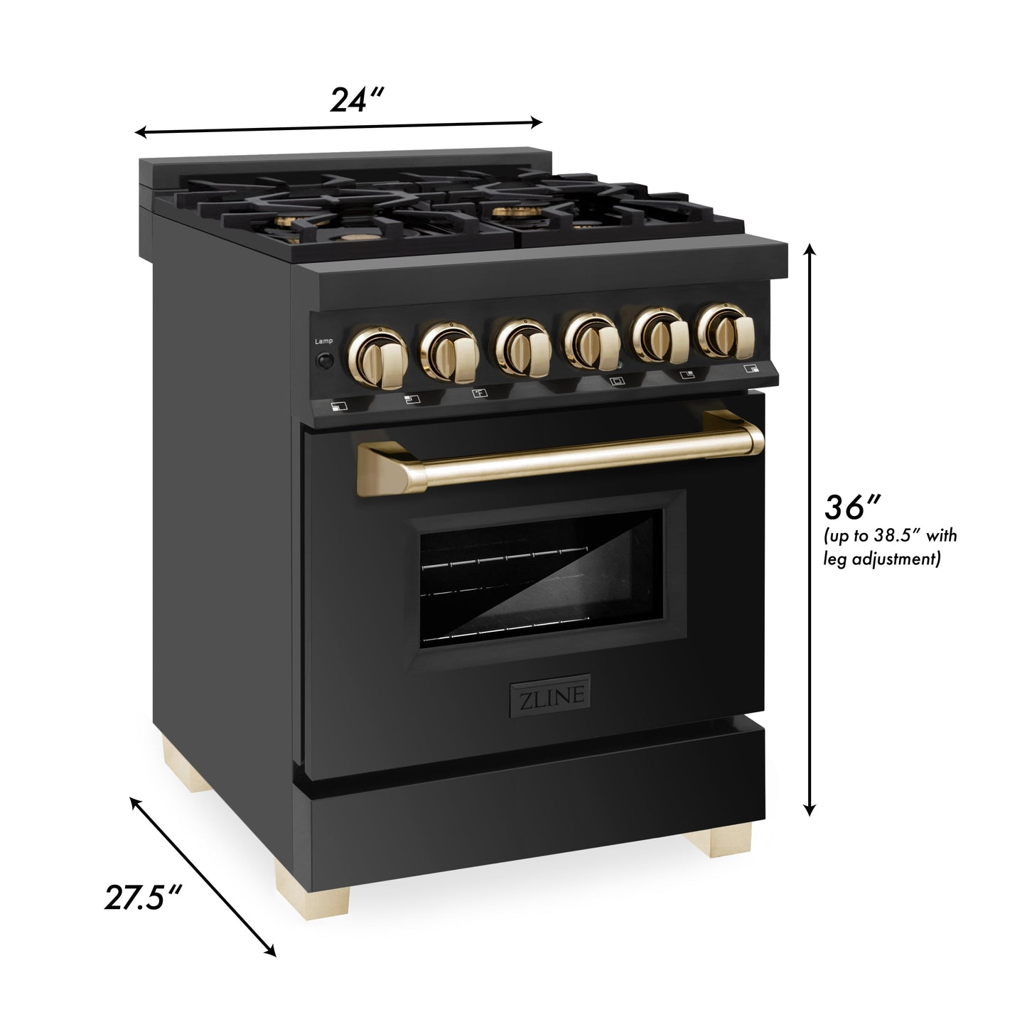 ZLINE Autograph Edition 24" Black Stainless Steel Champagne Bronze Accents 4 Burner Dual Fuel Range With 2.8 cu. ft. Electric Oven