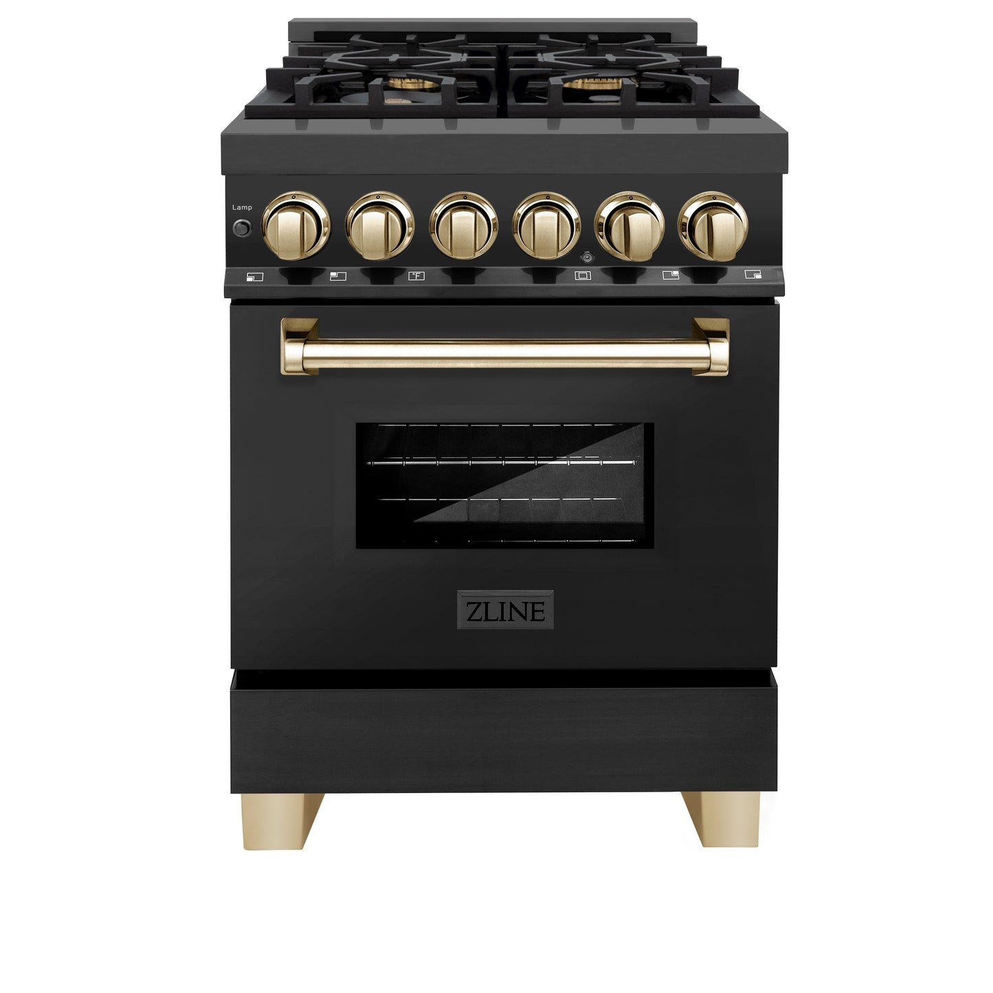 ZLINE Autograph Edition 24" Black Stainless Steel Champagne Bronze Accents 4 Burner Dual Fuel Range With 2.8 cu. ft. Electric Oven