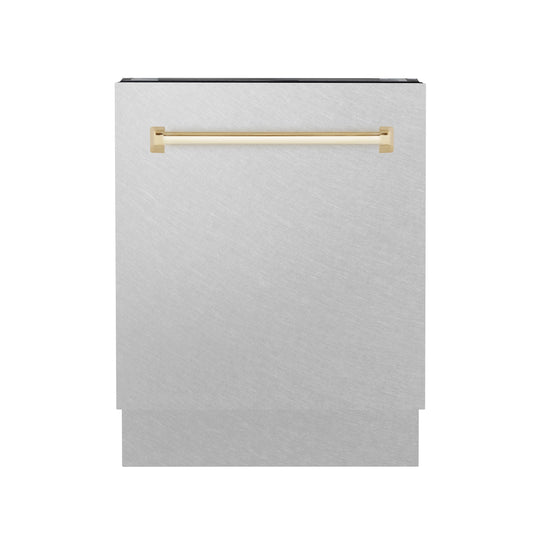 ZLINE Autograph Edition 24" DuraSnow Stainless Steel 3rd Rack Top Control Tall Tub Dishwasher With Gold Handle