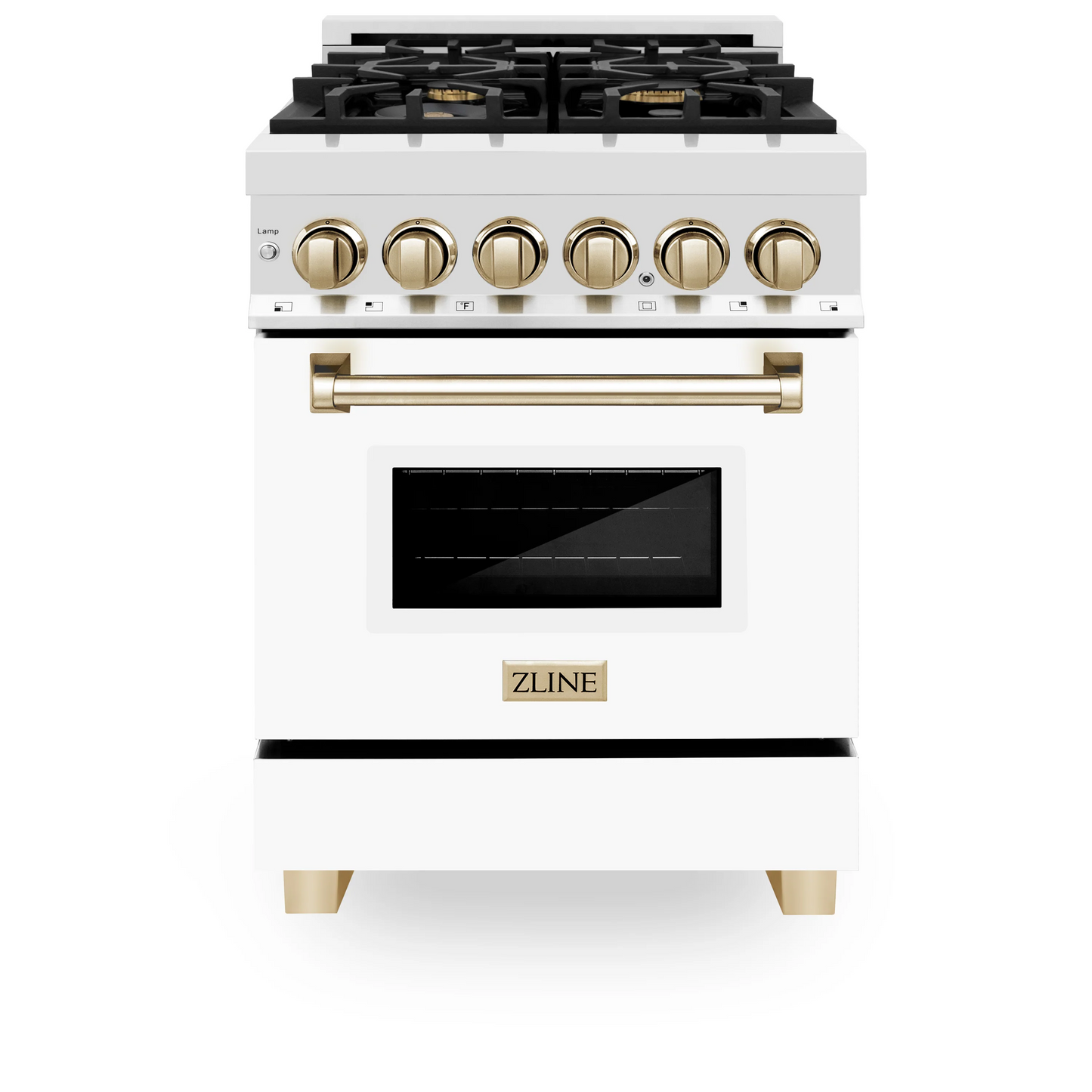 ZLINE Autograph Edition 24" Stainless Steel 4 Burner Dual Fuel Range White Matte Door, Gold Accents and 2.8 cu. ft. Electric Oven