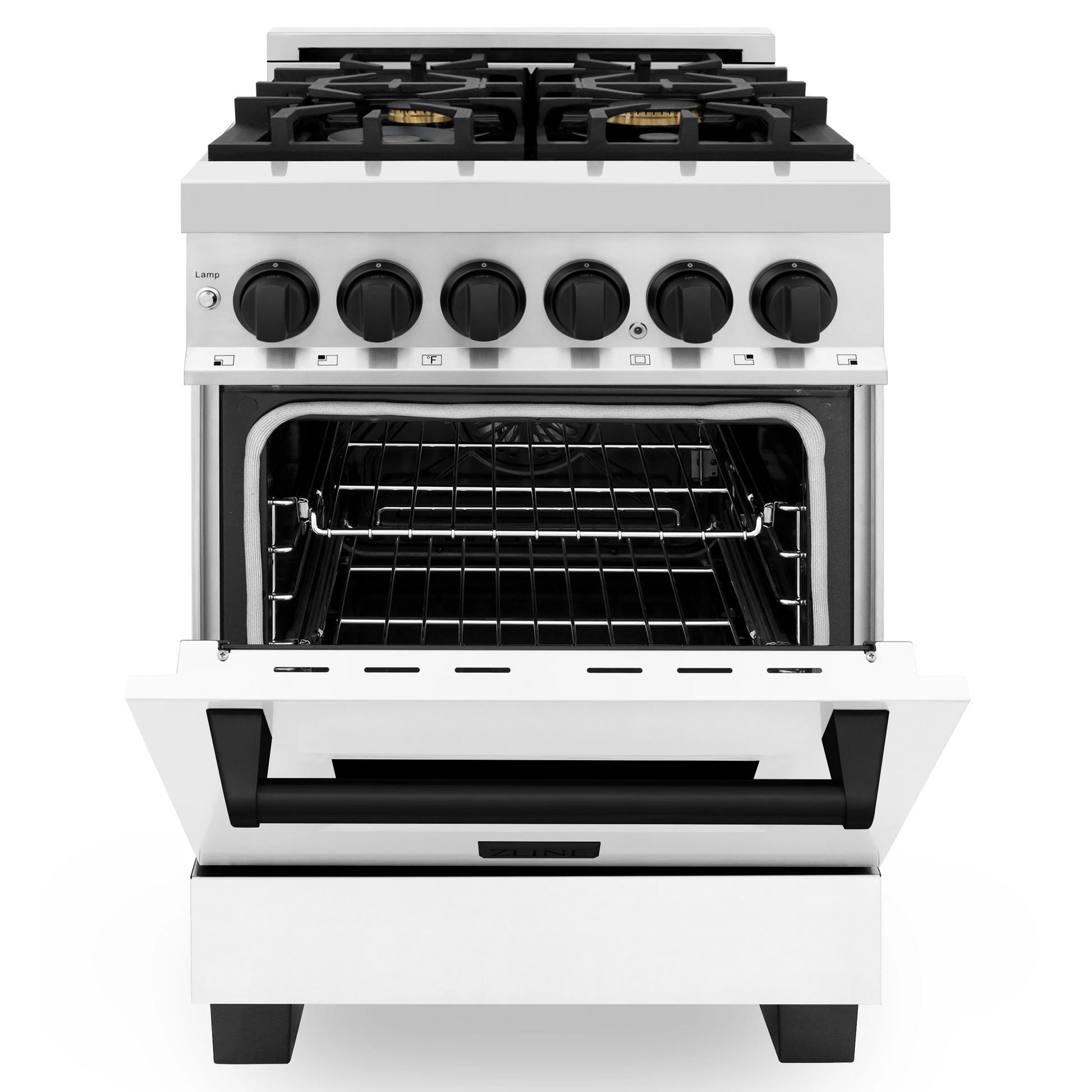 ZLINE Autograph Edition 24" Stainless Steel 4 Burner Dual Fuel Range White Matte Door, Matte Black Accents and 2.8 cu. ft. Electric Oven