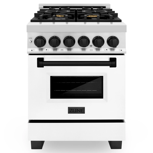 ZLINE Autograph Edition 24" Stainless Steel 4 Burner Dual Fuel Range White Matte Door, Matte Black Accents and 2.8 cu. ft. Electric Oven