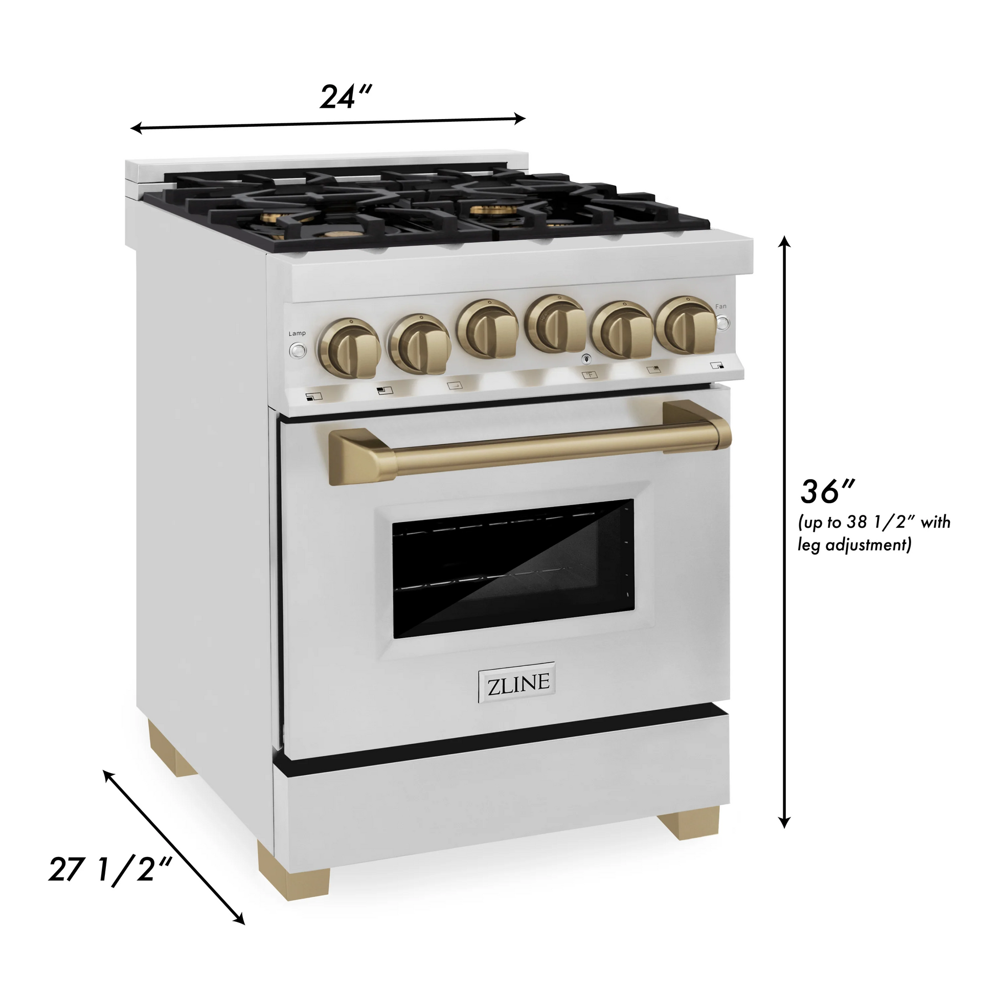 ZLINE Autograph Edition 24" Stainless Steel 4 Burner Dual Fuel Range With Champagne Bronze Accents and 2.8 cu. ft. Electric Oven