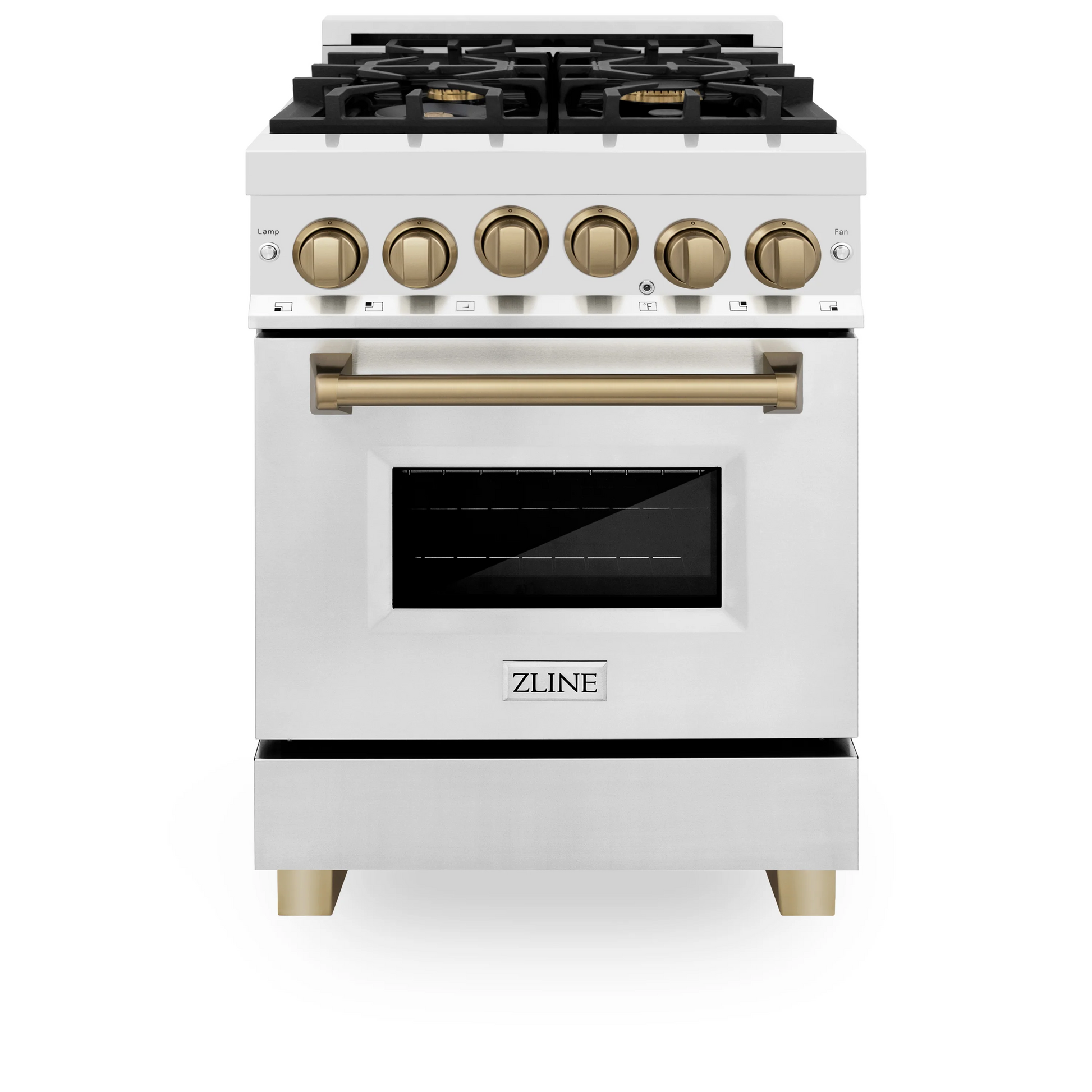 ZLINE Autograph Edition 24" Stainless Steel 4 Burner Dual Fuel Range With Champagne Bronze Accents and 2.8 cu. ft. Electric Oven