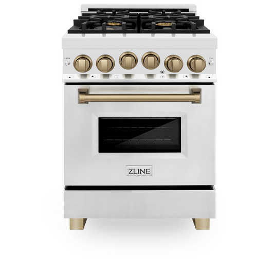 ZLINE Autograph Edition 24" Stainless Steel 4 Burner Dual Fuel Range With Champagne Bronze Accents and 2.8 cu. ft. Electric Oven