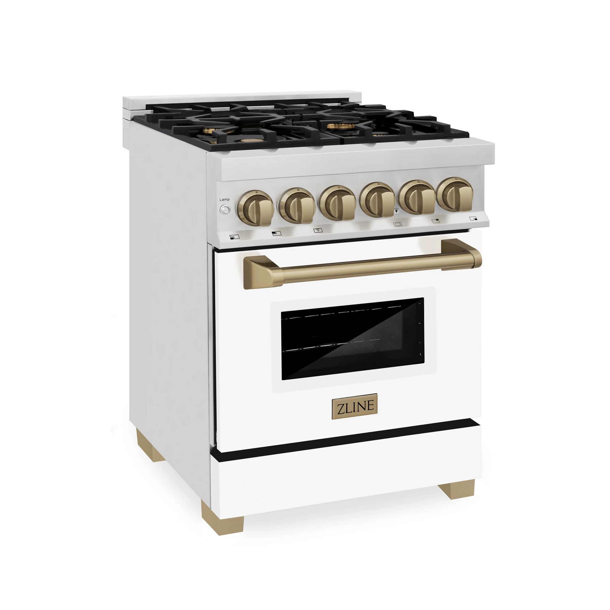 ZLINE Autograph Edition 24" Stainless Steel 4 Burner Dual Fuel Range With White Matte Door, Champagne Bronze Accents and 2.8 cu. ft. Electric Oven