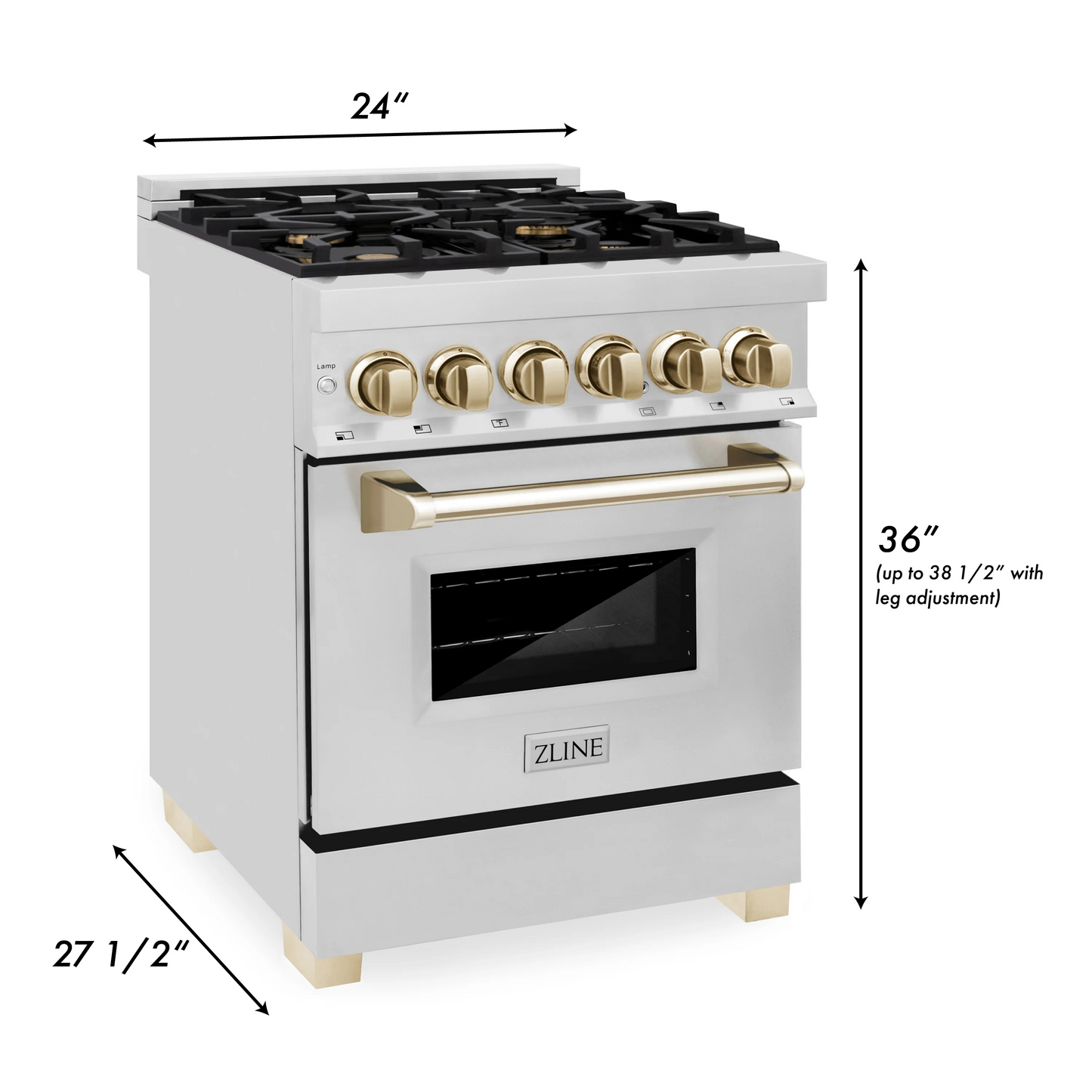 ZLINE Autograph Edition 24" Stainless Steel and Gold Accents 4 Burner Dual Fuel Range With 2.8 cu. ft. Electric Oven