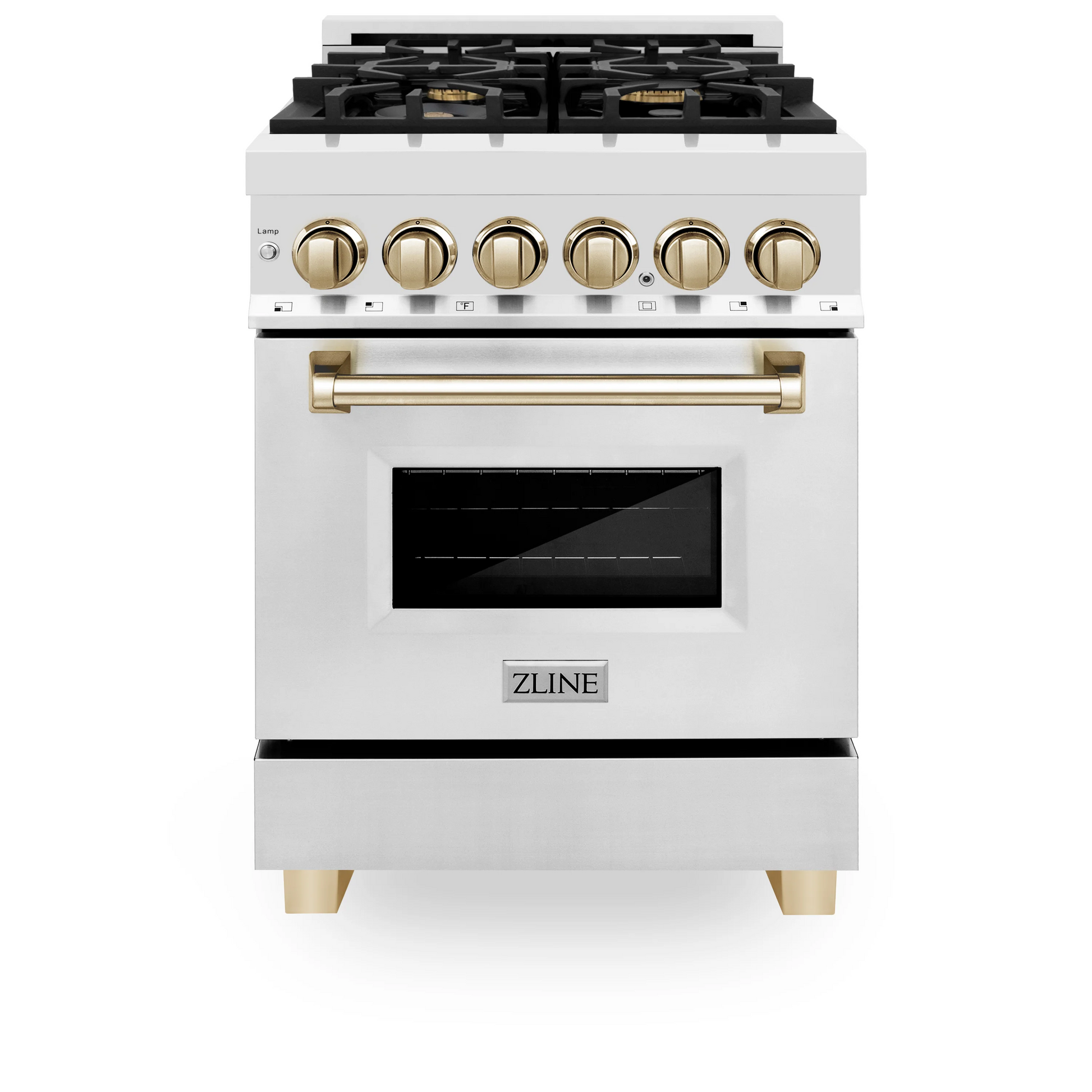 ZLINE Autograph Edition 24" Stainless Steel and Gold Accents 4 Burner Dual Fuel Range With 2.8 cu. ft. Electric Oven