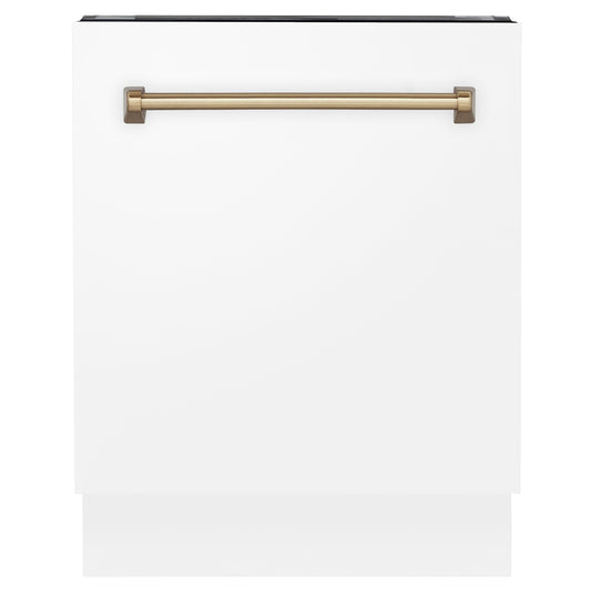 ZLINE Autograph Edition 24" White Matte 3rd Rack Top Control Tall Tub Dishwasher With Champagne Bronze Handle