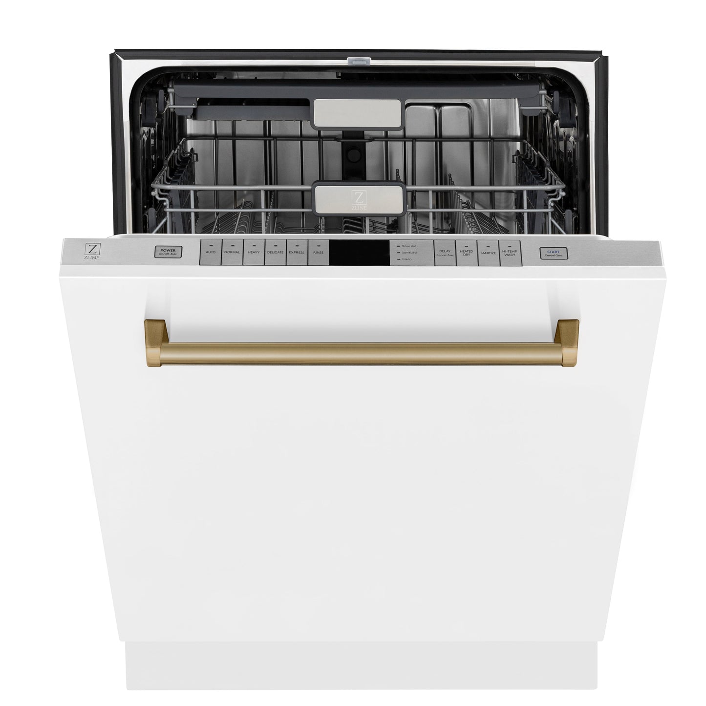 ZLINE Autograph Edition 24" White Matte 3rd Rack Top Touch Control Tall Tub Dishwasher With Champagne Bronze Handle