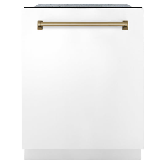 ZLINE Autograph Edition 24" White Matte 3rd Rack Top Touch Control Tall Tub Dishwasher With Champagne Bronze Handle