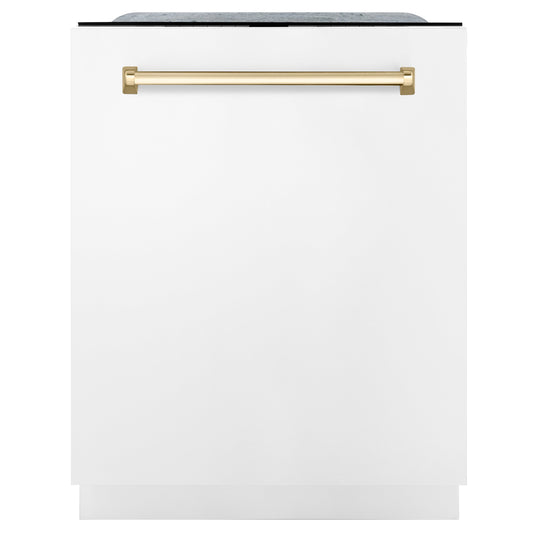 ZLINE Autograph Edition 24" White Matte 3rd Rack Top Touch Control Tall Tub Dishwasher With Gold Handle