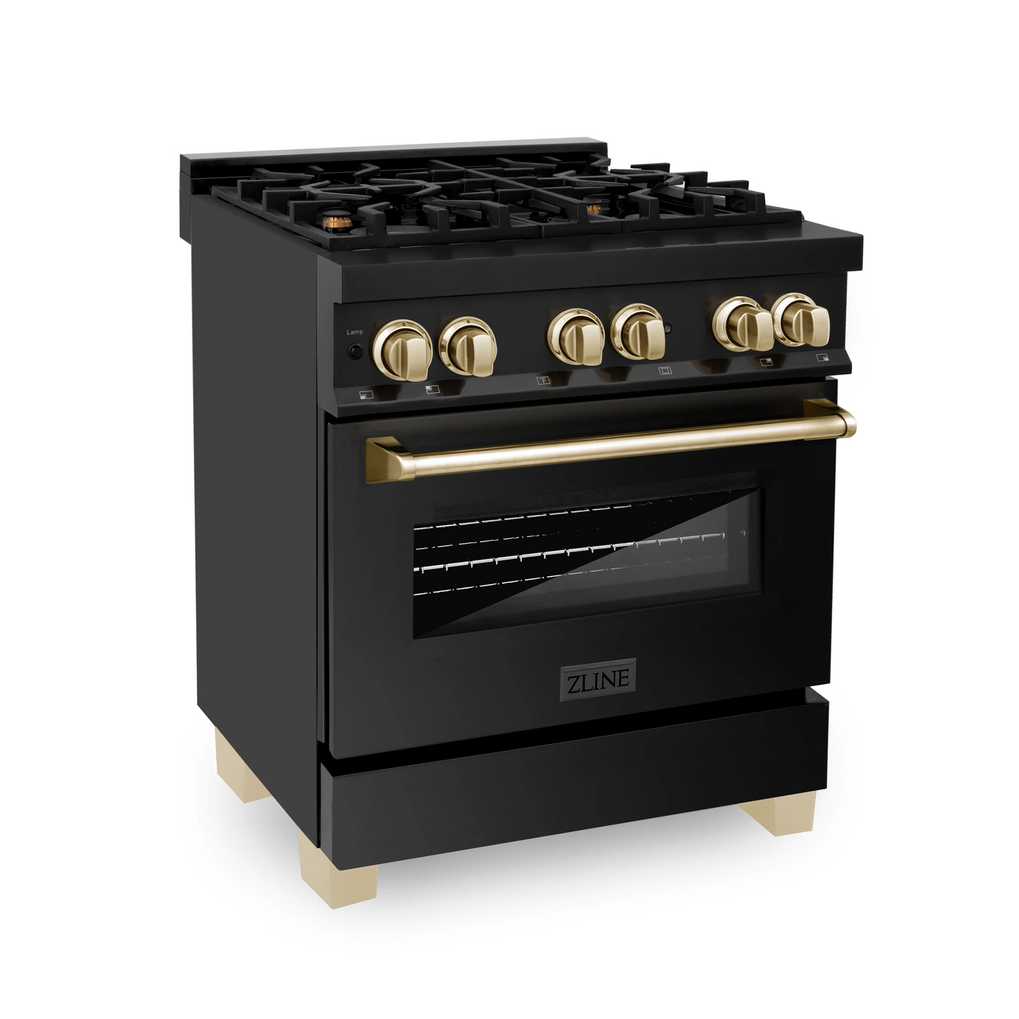 ZLINE Autograph Edition 30" Black Stainless Steel 4 Burner Dual Fuel Range With Gold Accents and 4.0 cu. ft. Electric Oven