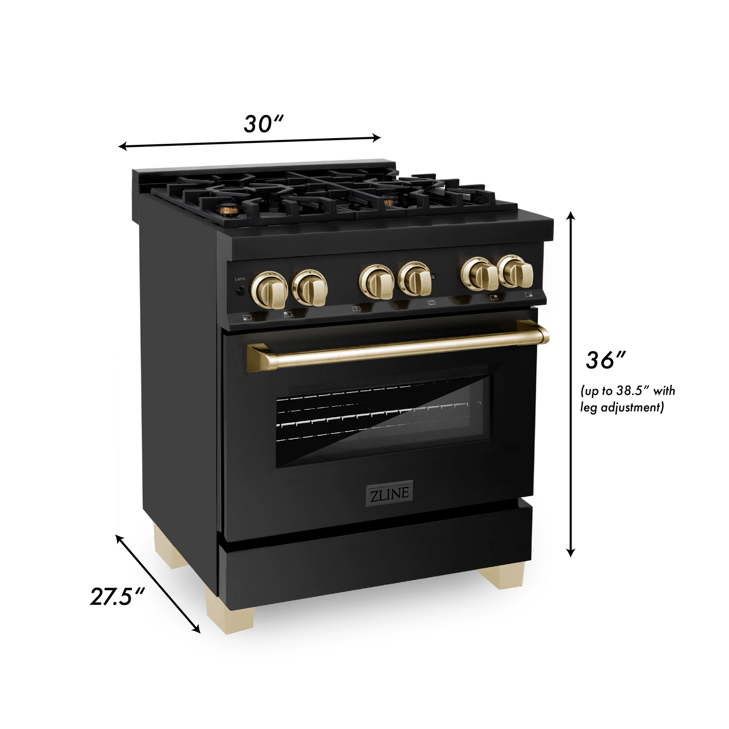 ZLINE Autograph Edition 30" Black Stainless Steel 4 Burner Dual Fuel Range With Gold Accents and 4.0 cu. ft. Electric Oven