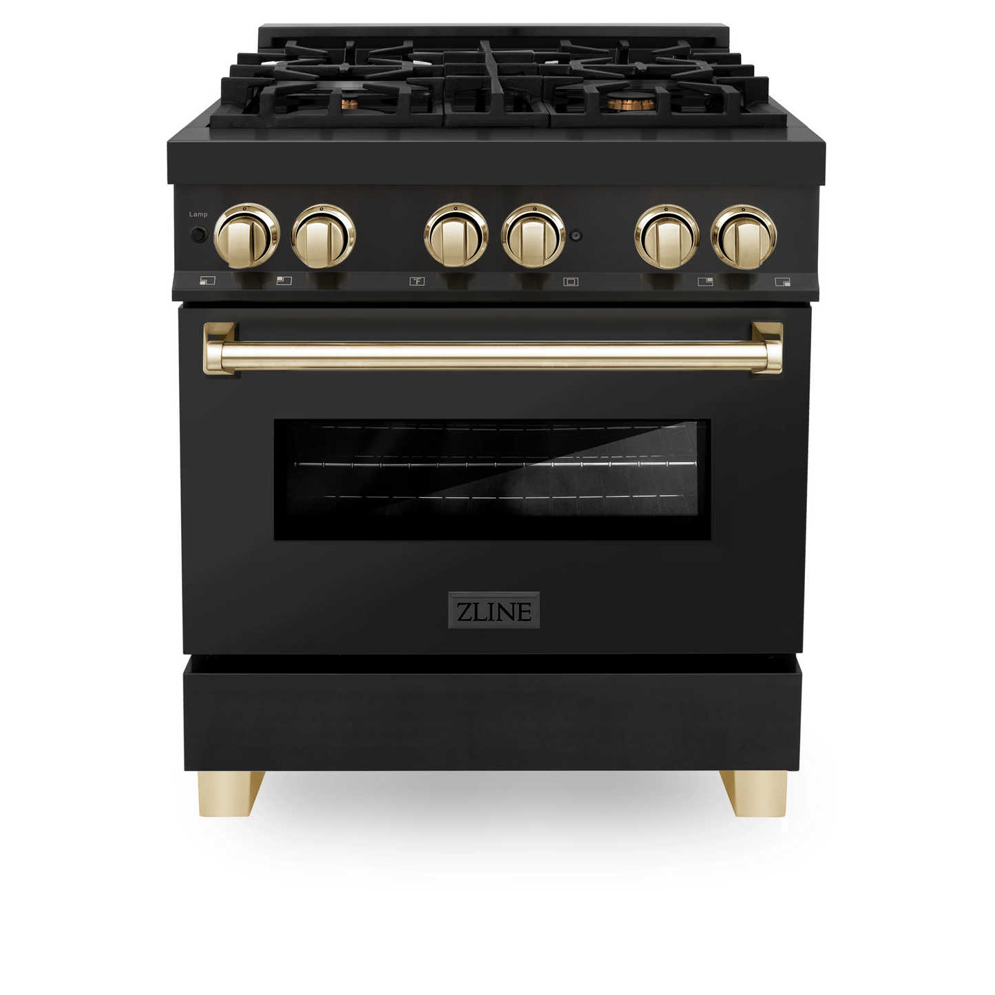 ZLINE Autograph Edition 30" Black Stainless Steel 4 Burner Dual Fuel Range With Gold Accents and 4.0 cu. ft. Electric Oven