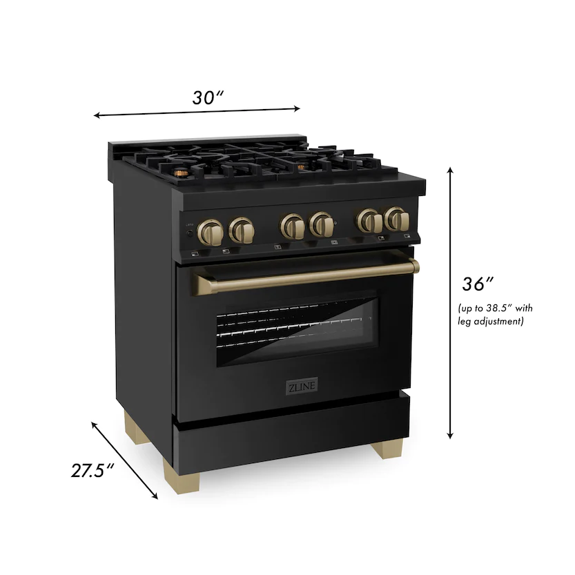 ZLINE Autograph Edition 30" Black Stainless Steel Champagne Bronze Accents 4 Burner Dual Fuel Range With 4.0 cu. ft Electric Oven