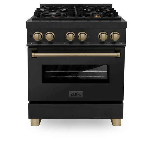 ZLINE Autograph Edition 30" Black Stainless Steel Champagne Bronze Accents 4 Burner Dual Fuel Range With 4.0 cu. ft Electric Oven