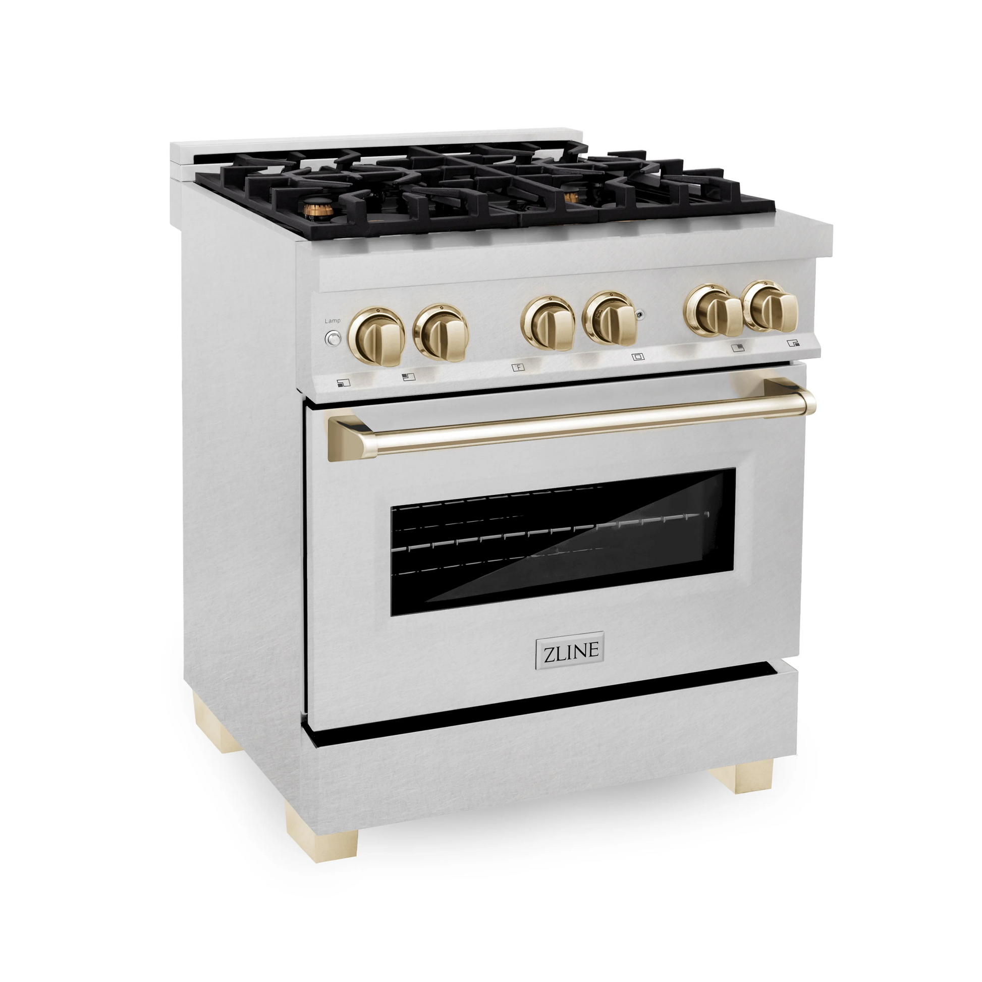 ZLINE Autograph Edition 30" DuraSnow Stainless Steel 4 Burner Dual Fuel Range With Gold Accents and 4.0 cu. ft. Electric Oven