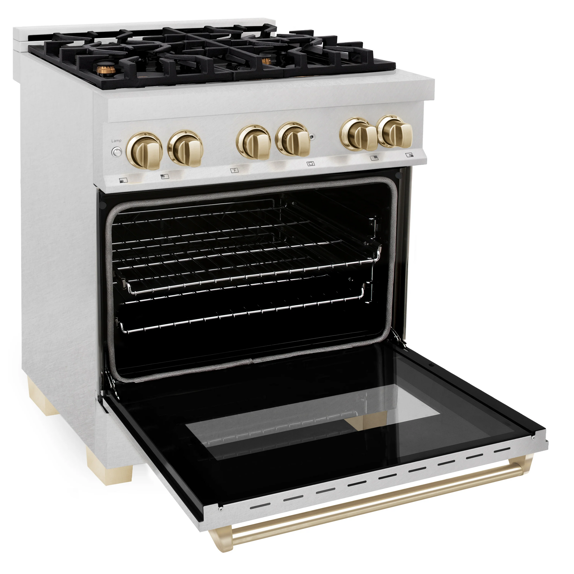 ZLINE Autograph Edition 30" DuraSnow Stainless Steel 4 Burner Dual Fuel Range With Gold Accents and 4.0 cu. ft. Electric Oven