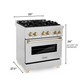 ZLINE Autograph Edition 30" DuraSnow Stainless Steel 4 Burner Dual Fuel Range With Gold Accents and 4.0 cu. ft. Electric Oven